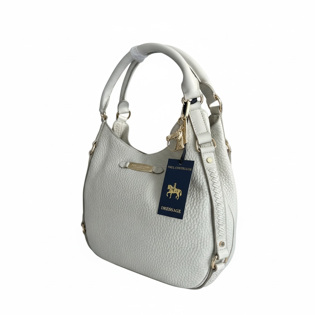 PAUL COSTELLO DRESSAGE, WAVE DETAIL, LARGE SLOUCHY HAND OR SHOULDER, CREAM LEATHER BAG WITH DETACHABLE CHARM. STUNNING LINING.