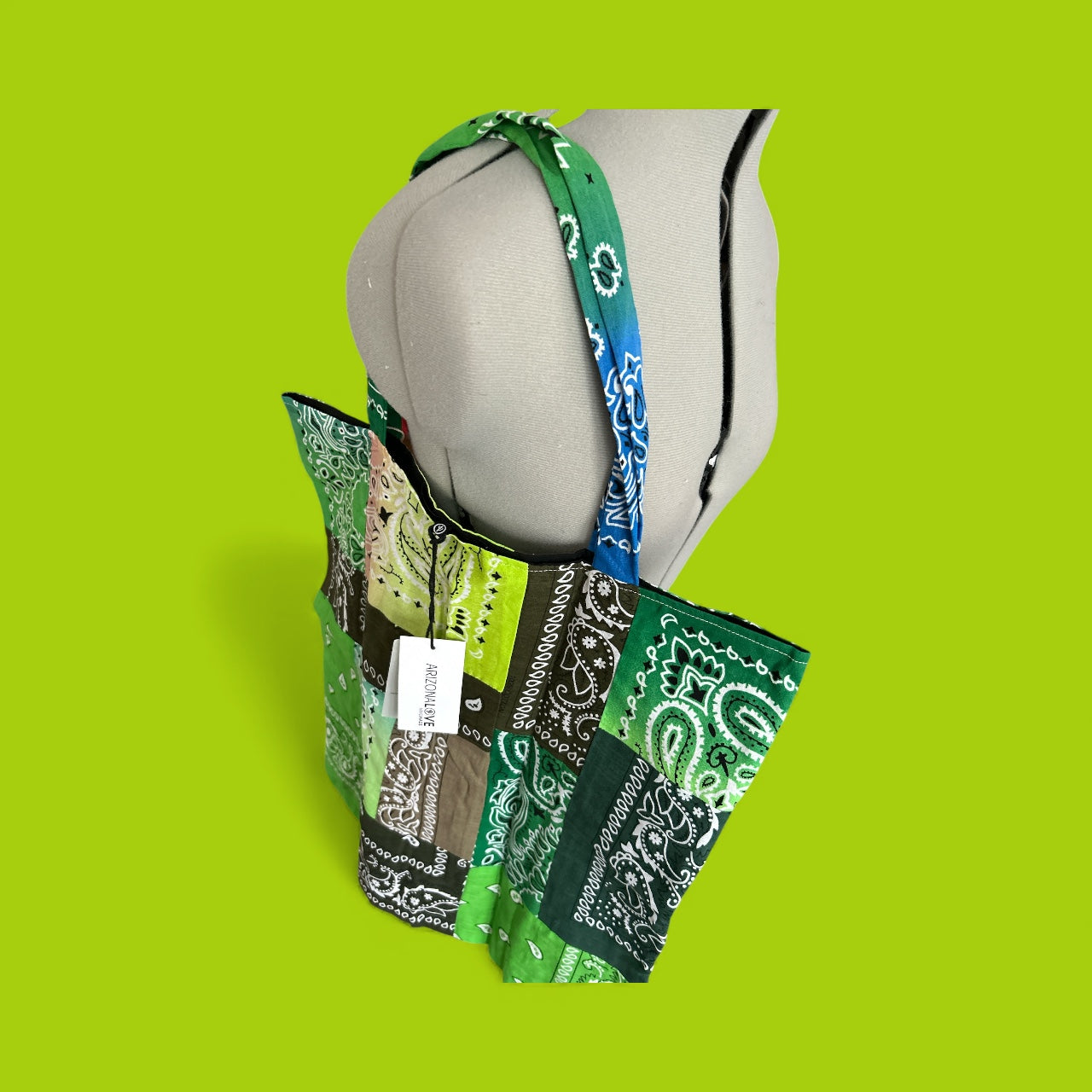 ARIZONA LOVE, HANDMADE BANDANA PATCH BAG 51 x 51cm NEW & TAGGED COLOUR IN VARING GREENS. SOLD IN HARRODS LONDON