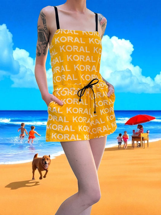 NEW WITH TAGS. KORAL TOWELLING BLACK & MANGO PLAY-SUIT UK SIZE, LARGE. X 2 HANDY POCKETS.