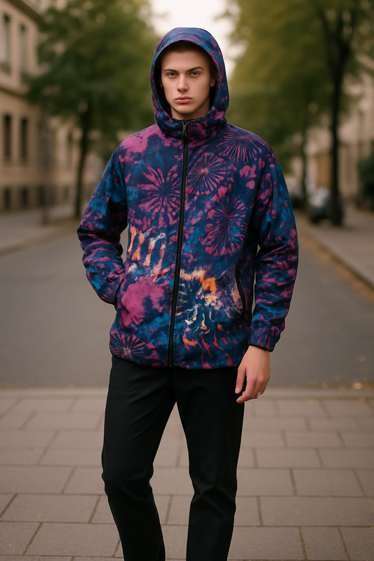NEW WITH TAGS.  MENS DSQUARED2. TIE-DYE WIND JACKET UK SIZE, LARGE. ZIP CLOSURE. BLUE HUE.