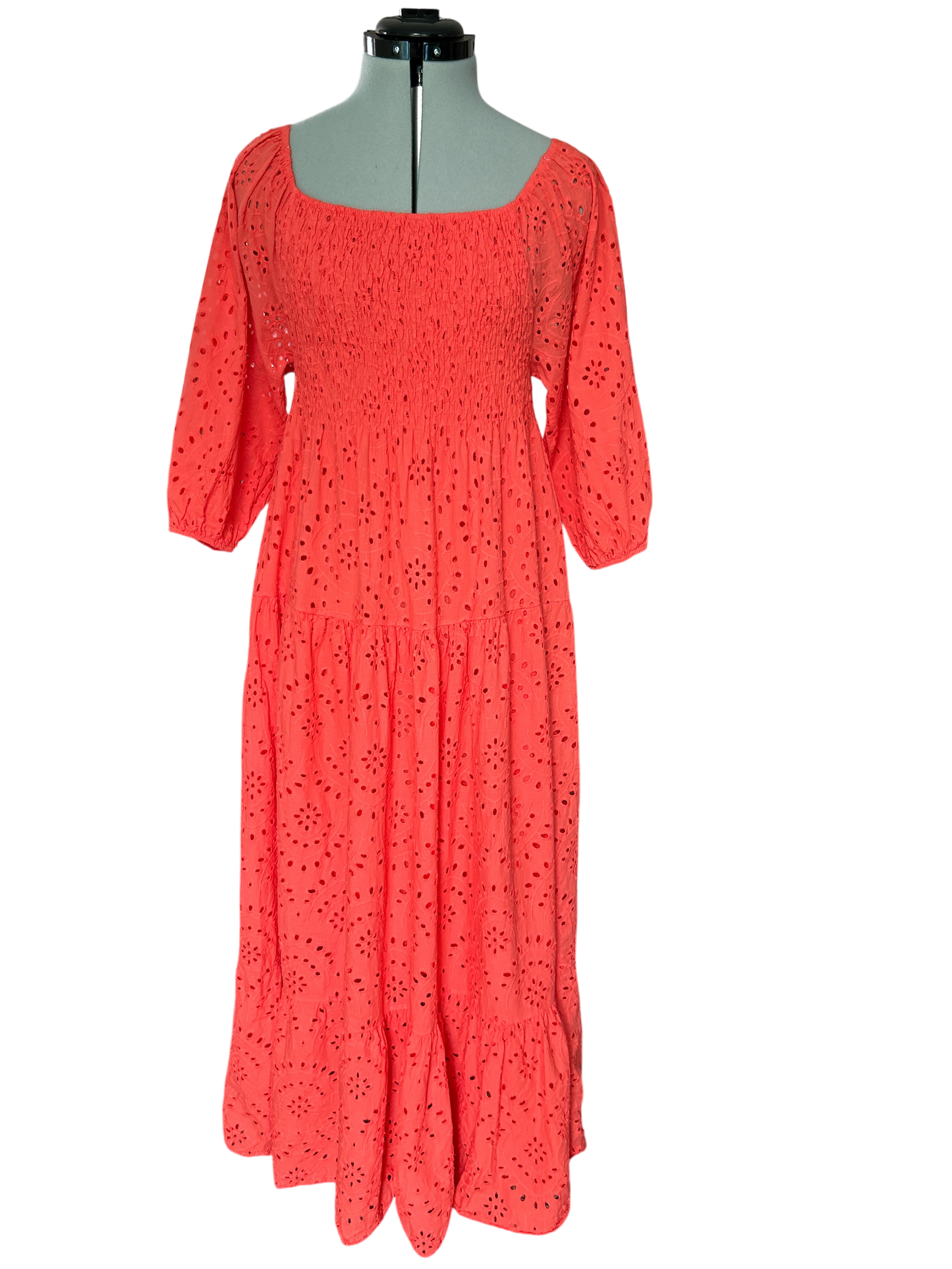 NEW WITH TAGS. HANDMADE ITALIAN CORAL DRESS FREE-SIZE UP TO UK 14. SMOCK DRESS 100% COTTON.