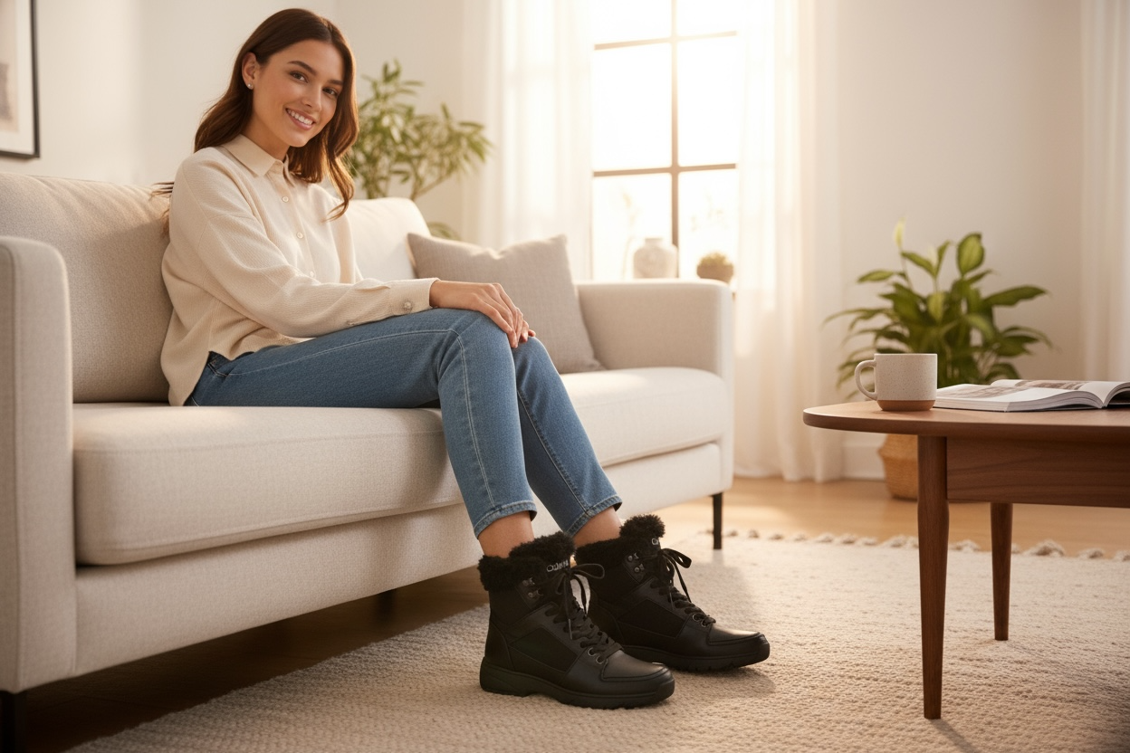 CALVIN KLEIN FAUX FUR BOOTS SIZE EU 40. UK 6. US: 9.5. HIGH TOP LACE UP. LEATHER AND MANMADE UPPER.BLACK LACE UP.