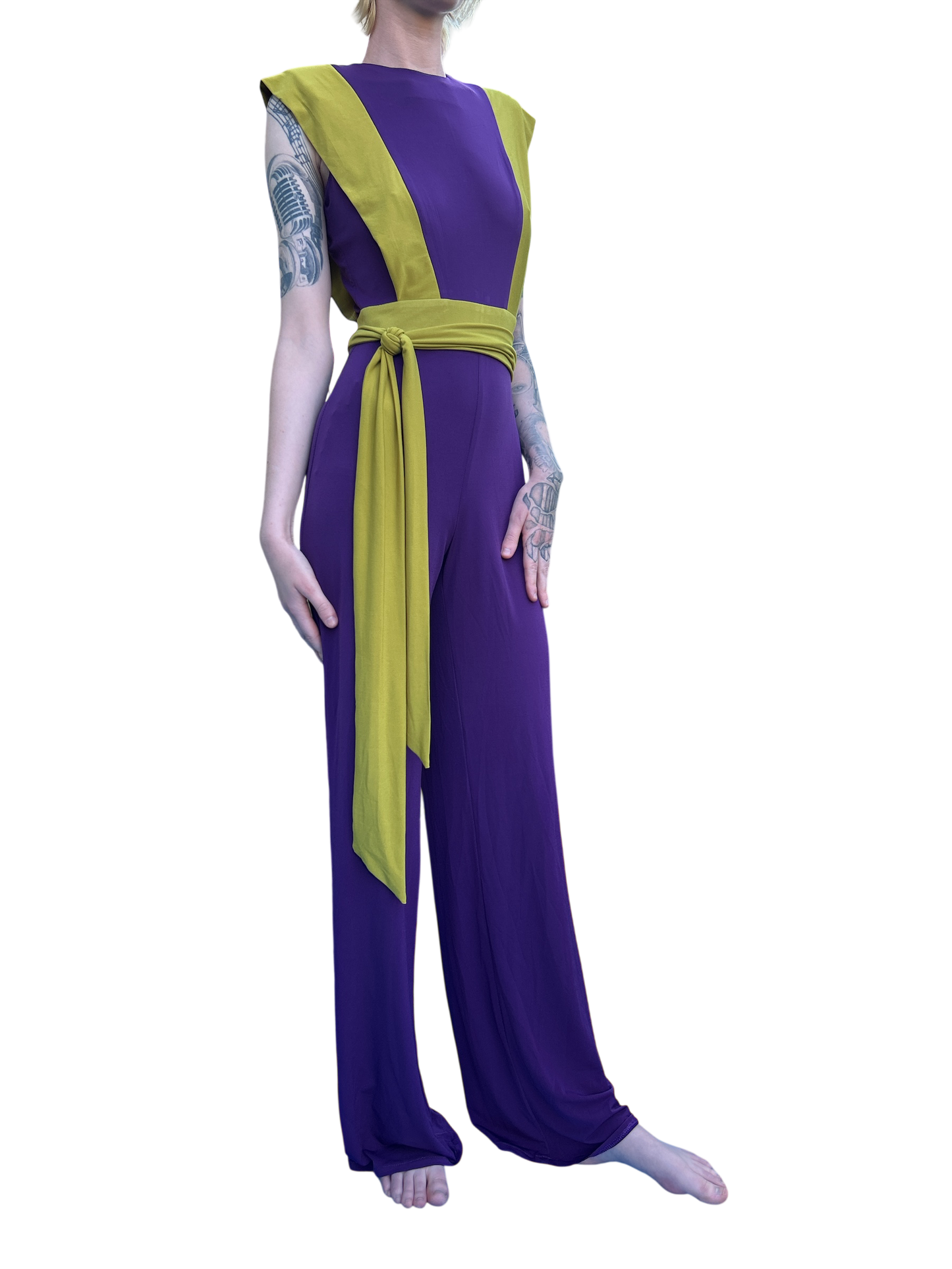 SPANISH DESIGNER CAYRO NEW AND TAGGED PANTSUIT IN VOILET WITH LIME INTERCHANGEABLE COLOURED SCARF. UK SIZE EXTRA SMALL.