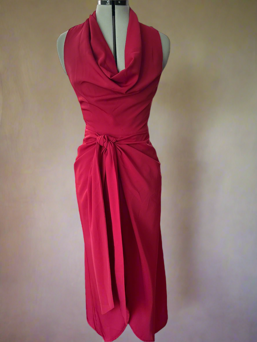 RED SPANISH DESIGN DRESS BY CAYRO, UK SIZE SMALL. UK 6 - 10. MULTI-WAY ATTACHED MINI-UNDERSKIRT. COWL NECKLINE.New without Tags.