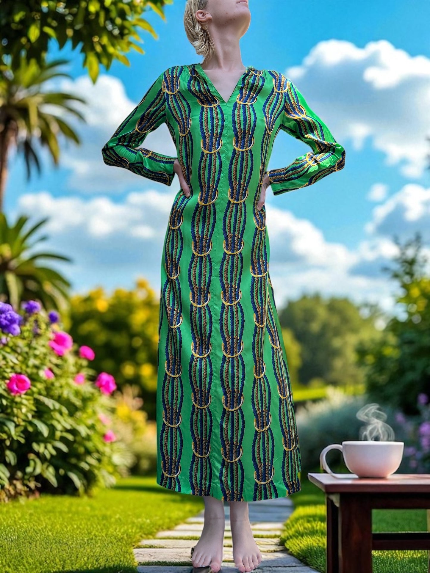 NEW WITH TAGS. JUCCA-MELINDA HAND MADE IN ITALY DRESS/SMOCK UK SIZE. SMALL, 6-8. EU34. V.NECK TWISTED NAVY & GOLD ROPE DESIGN ON LEAF GREEN SATIN MATERIAL.