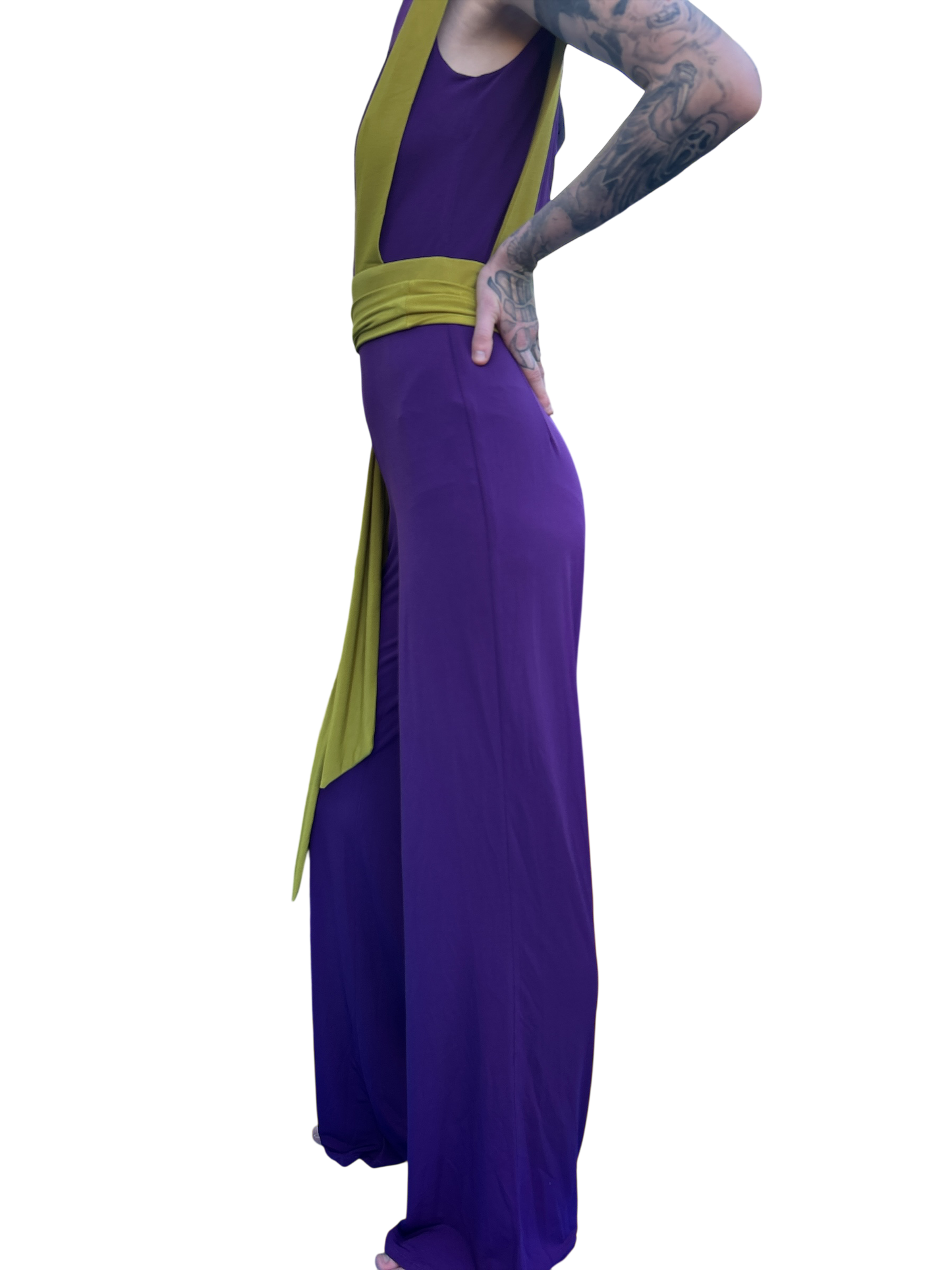 SPANISH DESIGNER CAYRO NEW AND TAGGED PANTSUIT IN VOILET WITH LIME INTERCHANGEABLE COLOURED SCARF. UK SIZE EXTRA SMALL.