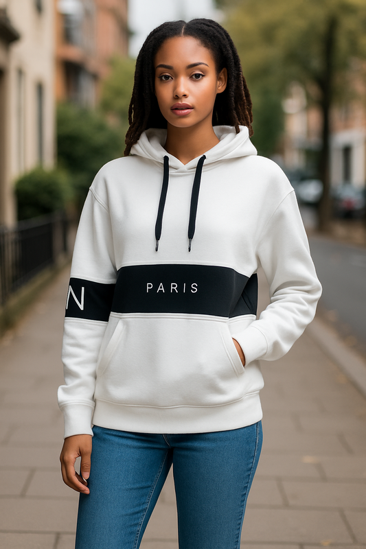 BLVCK. BOLD STRIPE HOODIE. NEW & TAGGED. WHITE WITH BLACK SOLID STRIPE. MINIMALIST STREETWEAR. SIZE UK SMALL.