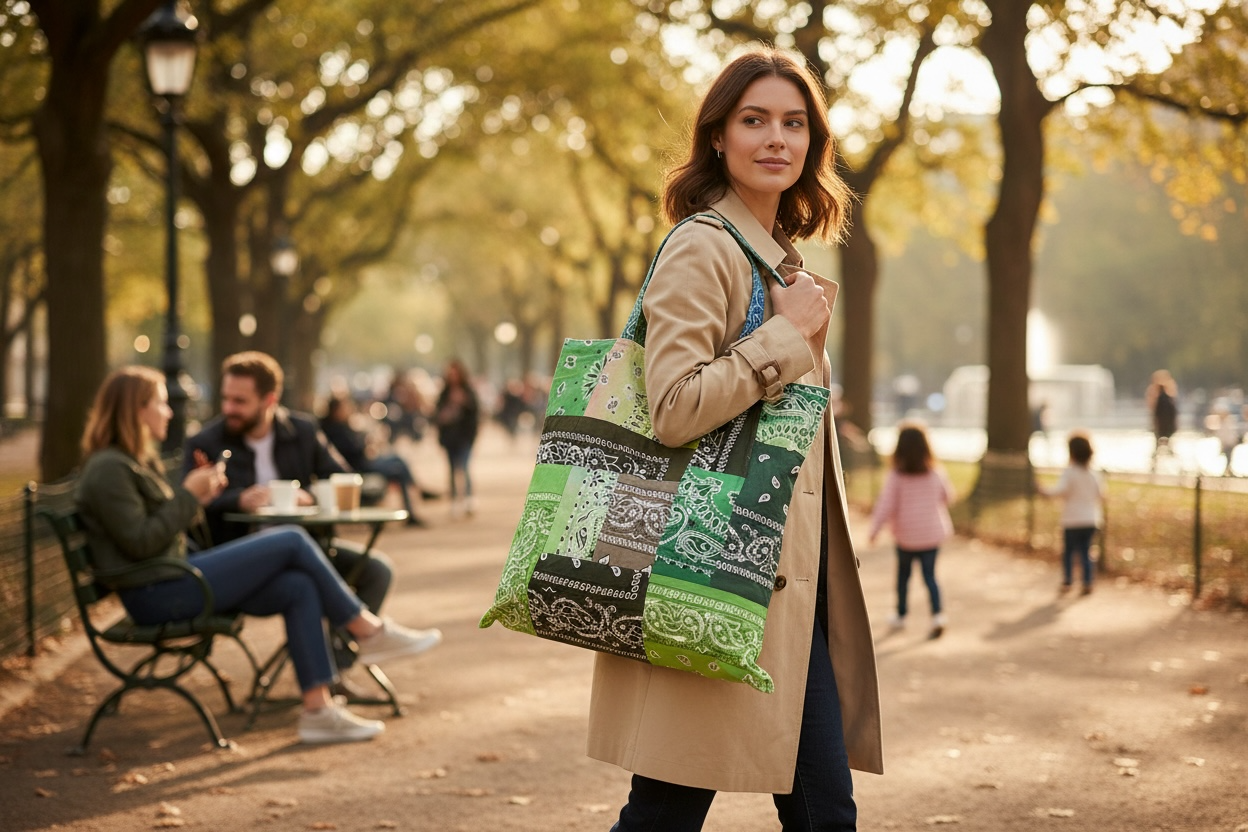 ARIZONA LOVE, HANDMADE BANDANA PATCH BAG 51 x 51cm NEW & TAGGED COLOUR IN VARING GREENS. SOLD IN HARRODS LONDON