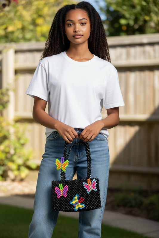 WOMANS HAND MADE DESIGNER BLACK BEADED BAG WITH BUTTERFLYS DESIGNER: SUSAN ALEXANDRA
