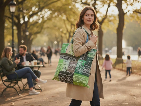 ARIZONA LOVE, HANDMADE BANDANA PATCH BAG 51 x 51cm NEW & TAGGED COLOUR IN VARING GREENS. SOLD IN HARRODS LONDON